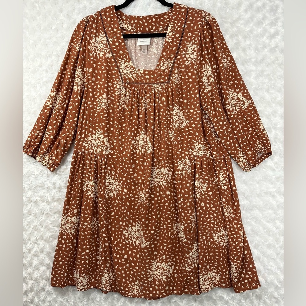 Knox Rose Women's Size 1X Linen XL Long Sleeve Polka Dot Floral Shift Dress